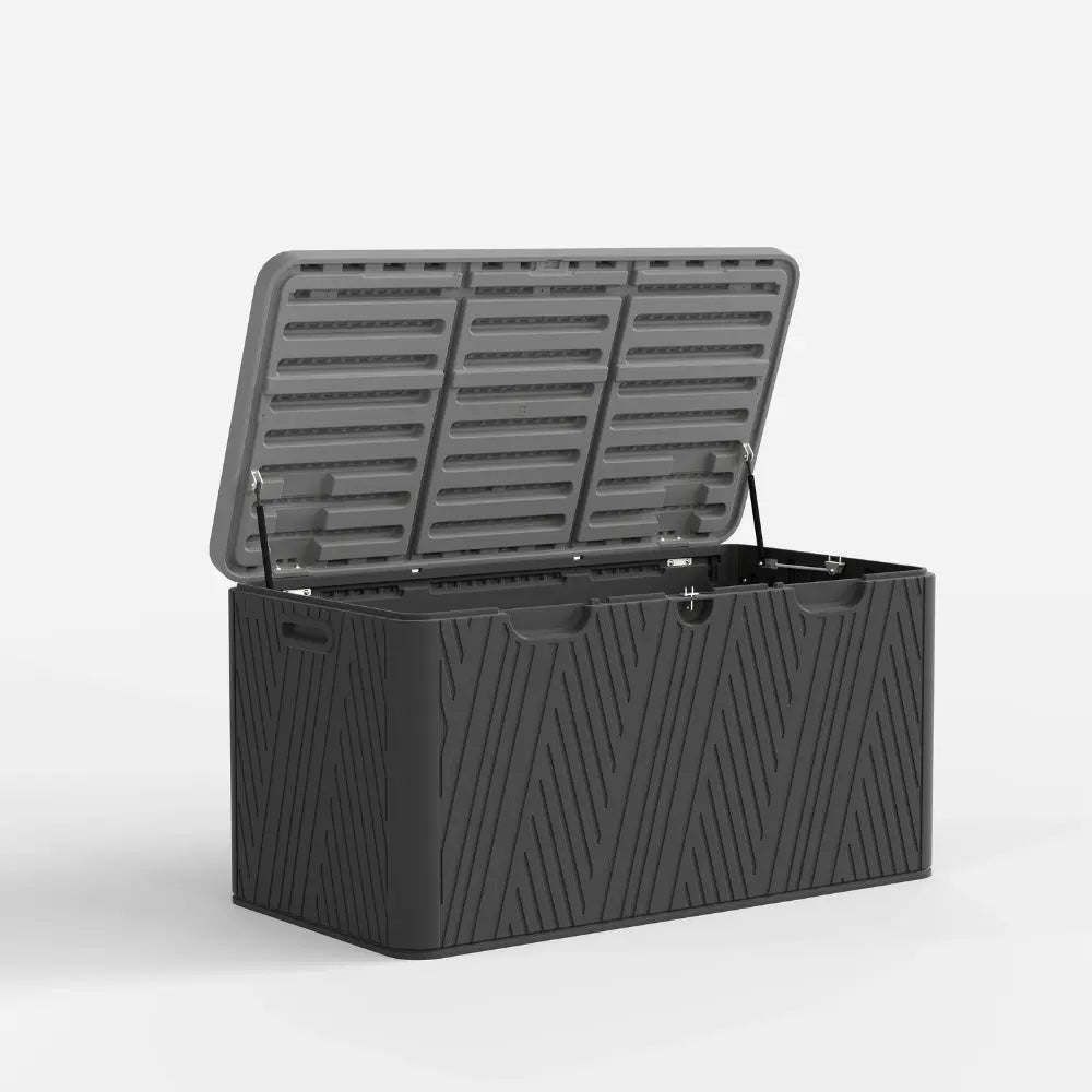 Black storage box with open lid on a white background