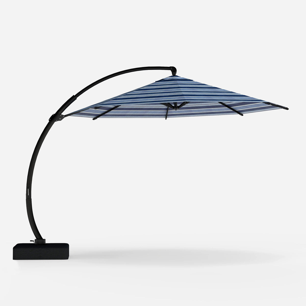 Blue striped patio umbrella with black curved stand on a white background