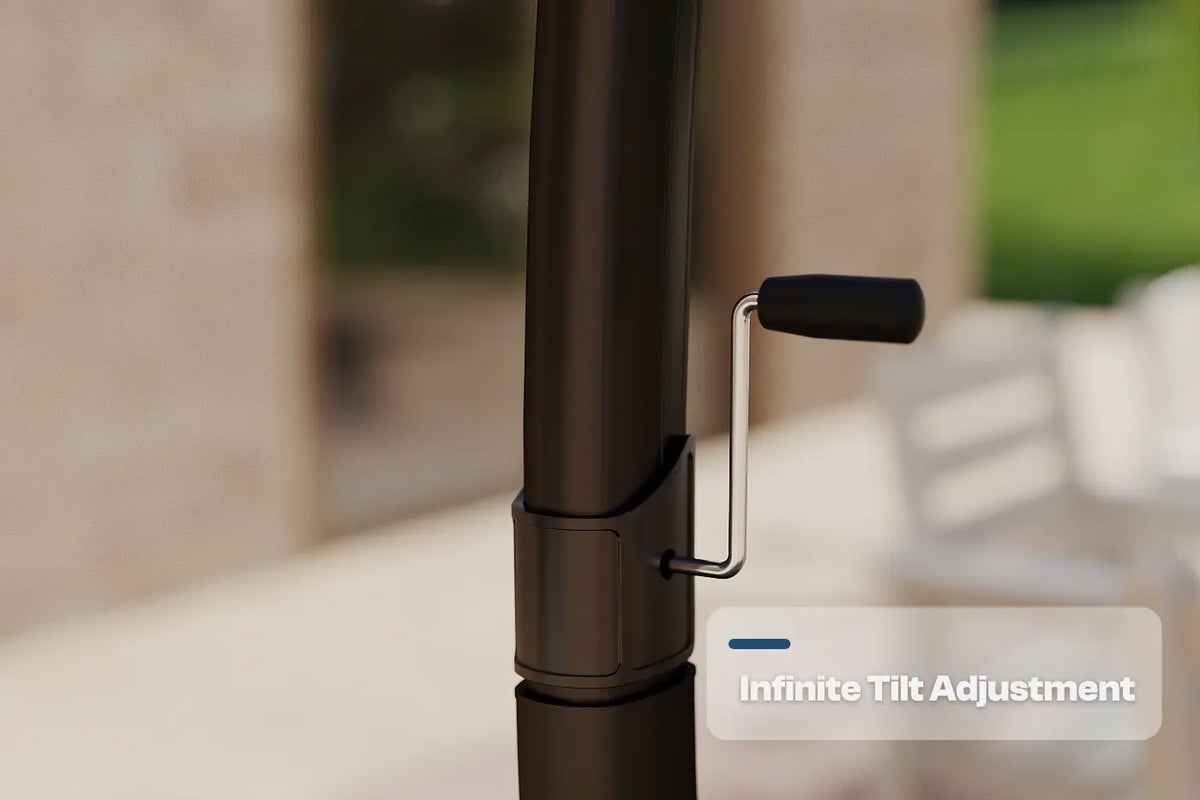 Black adjustable stand with infinite tilt adjustment feature on a blurred background