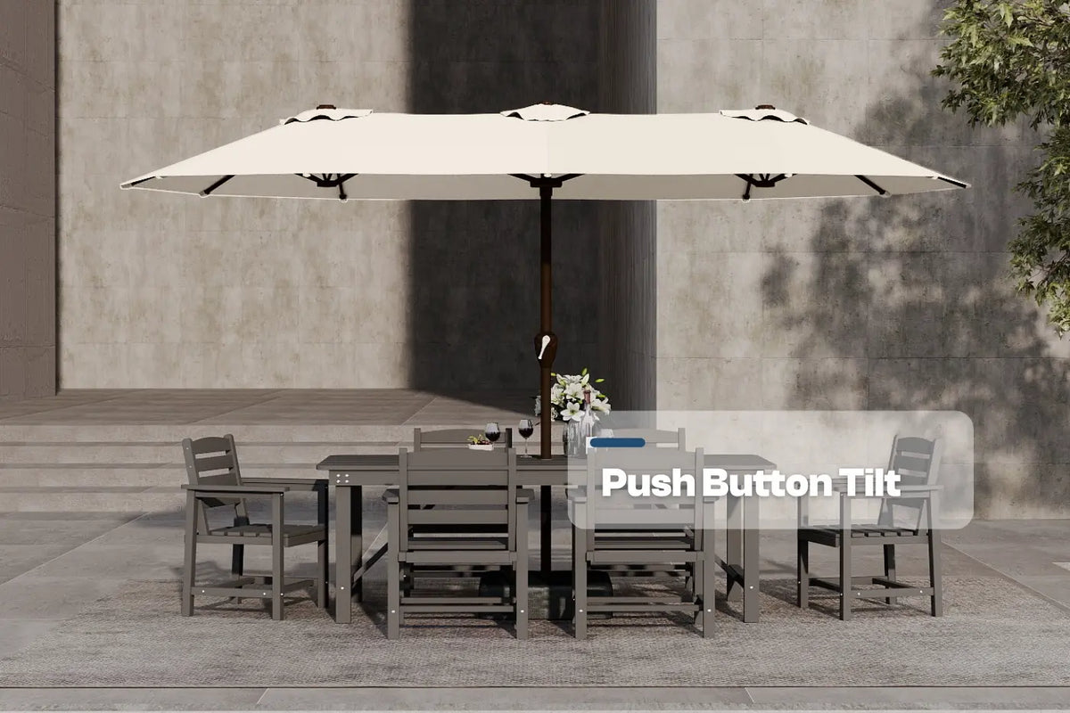 Outdoor dining set with a large umbrella on a patio