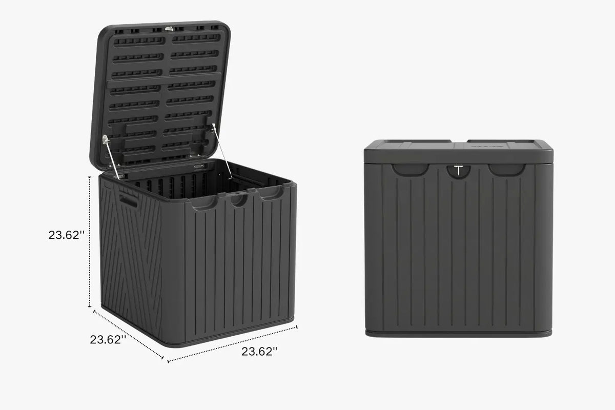 Two black storage boxes with dimensions indicated on a white background