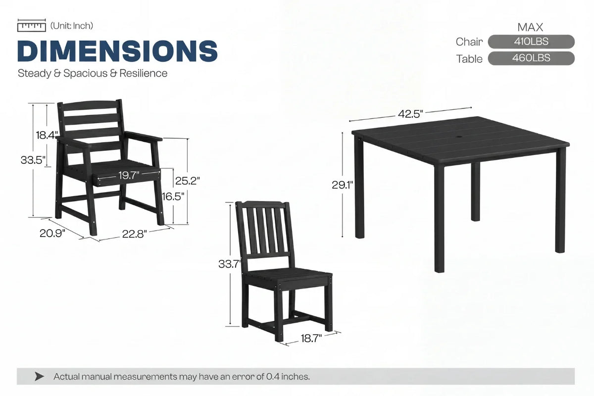 Dimensions of a black outdoor table and chairs with weight capacity labels.