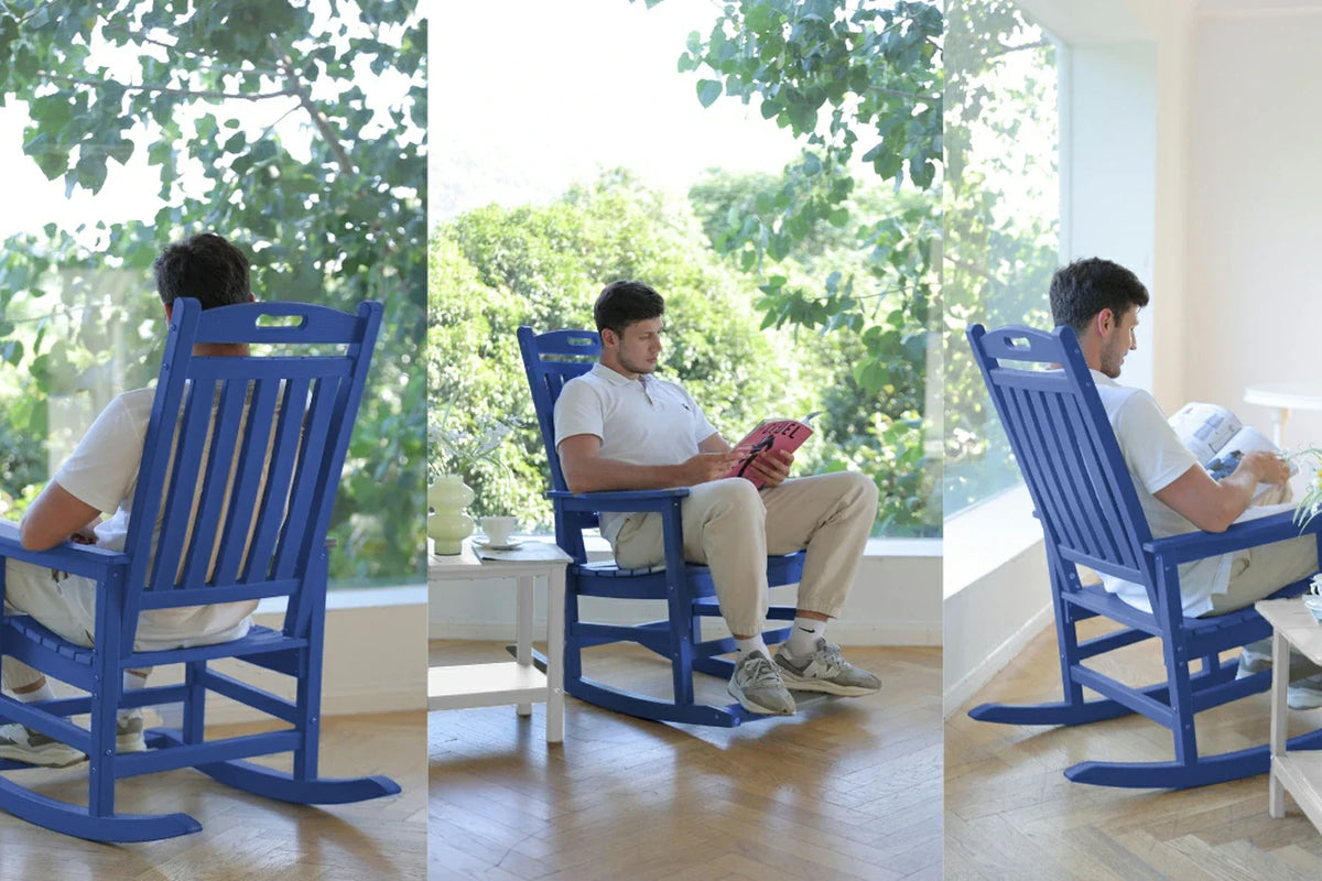 Blue rocking chair with a person using a tablet in various settings
