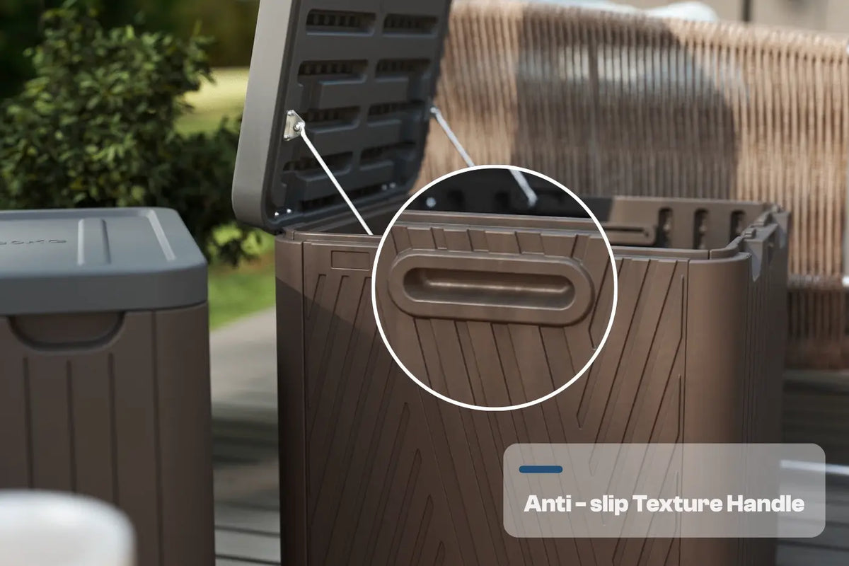 Brown outdoor trash bin with open lid and anti-slip texture handle highlighted, set against a blurred garden background.