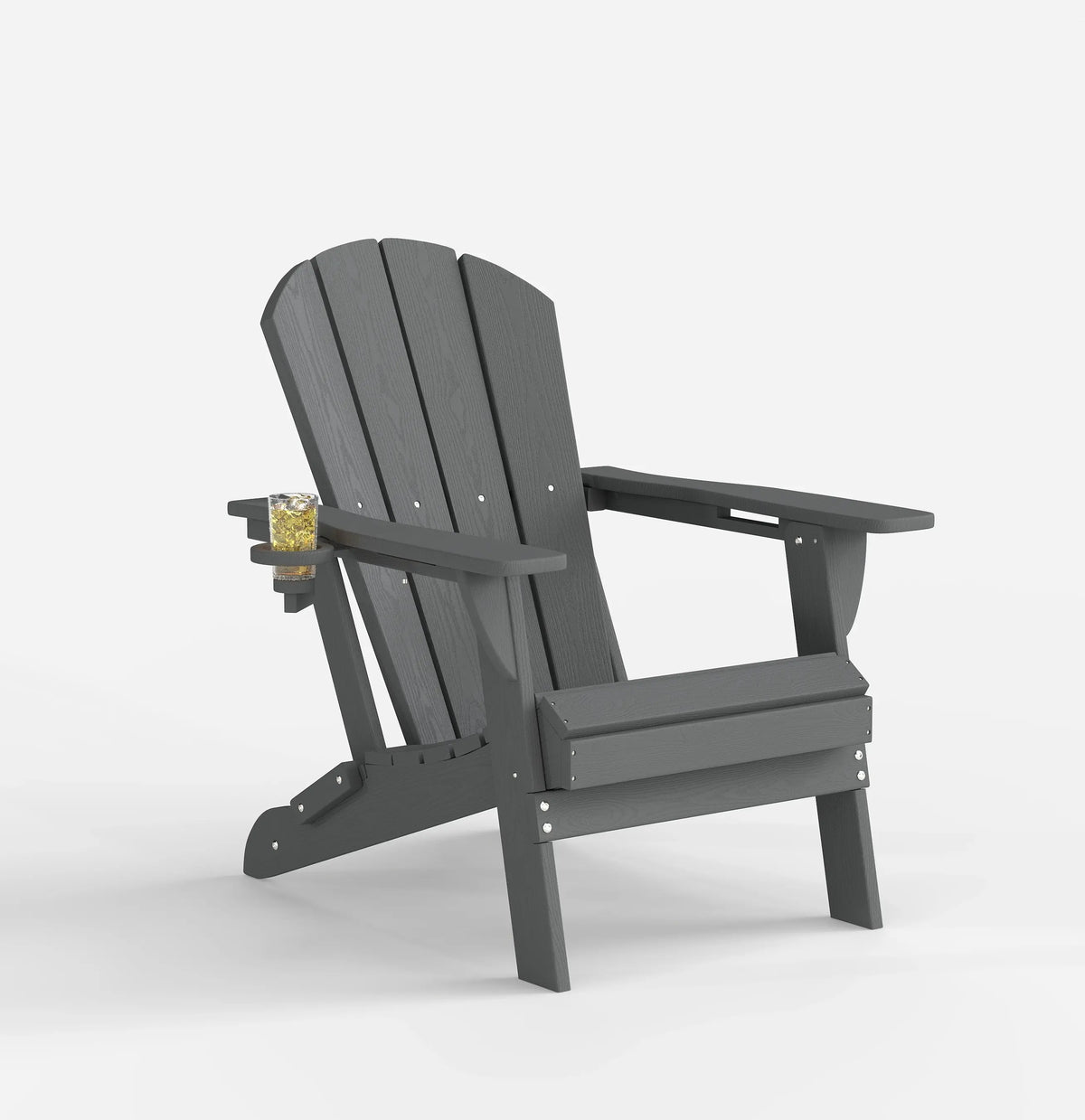 Gray Adirondack chair with cup holder on a white background