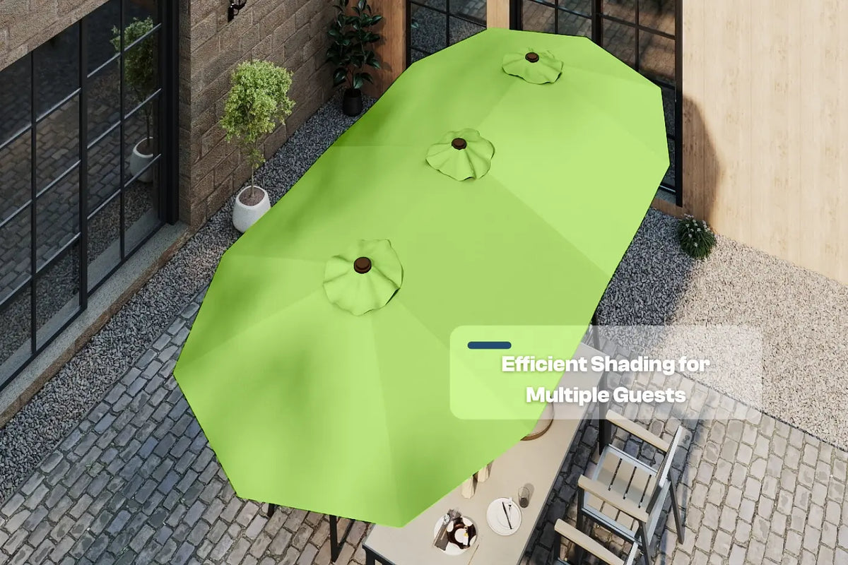 Green patio umbrella on a patio with text 'Efficient Shading for Multiple Guests'.