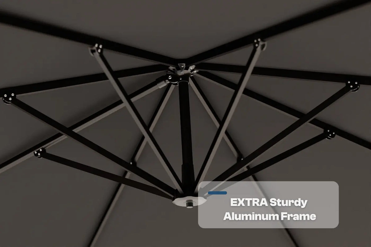Extra sturdy aluminum frame of a canopy with text label on a dark background