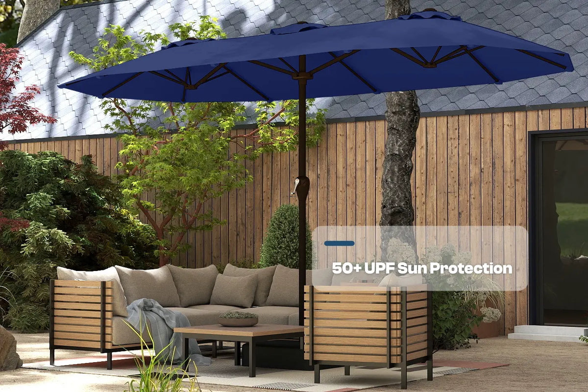 Blue patio umbrella over outdoor furniture set with '50+ UPF Sun Protection' text.