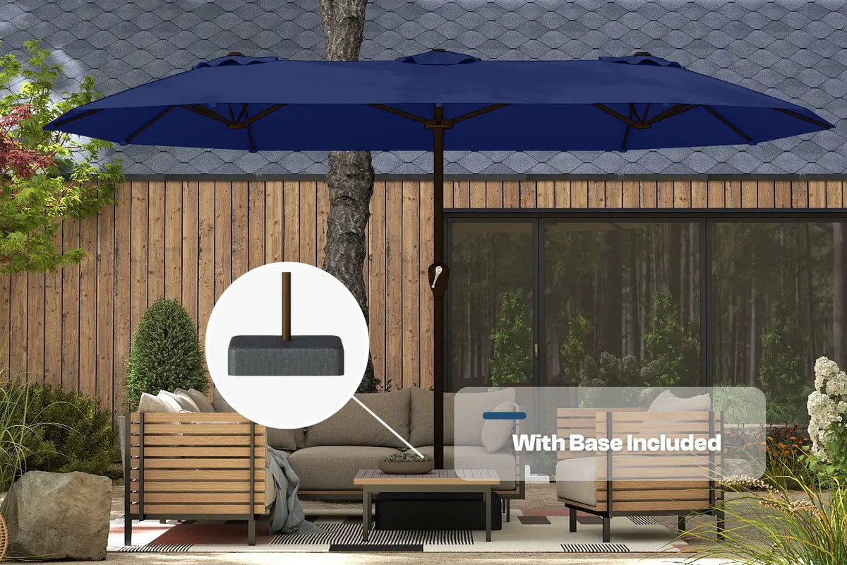 Blue patio umbrella with base included on a patio setting