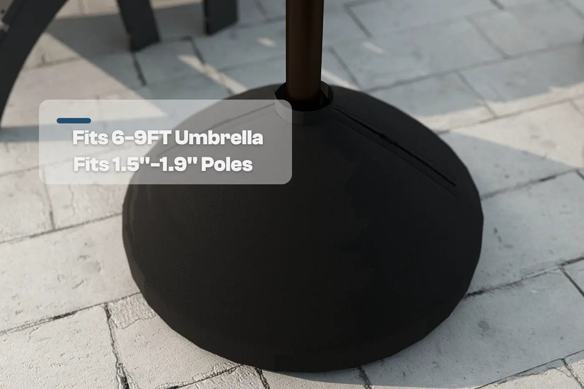 Black umbrella base on a paved surface with text indicating size compatibility.