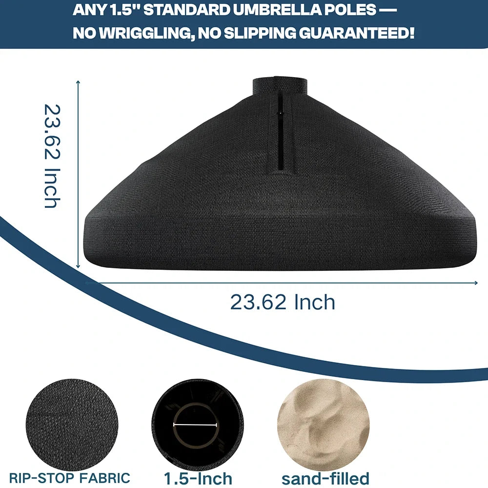 Black umbrella canopy with measurements and fabric details on a white background