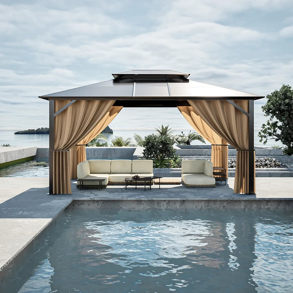 A polycarbonate top gazebo with a sturdy aluminum frame, featuring beige cushions and a metal roof, set beside a pool with a body of water and trees in the background.