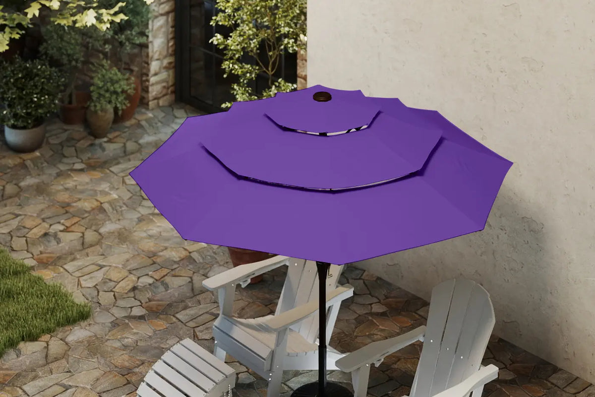 Purple patio umbrella on a stand with white chairs in a garden setting