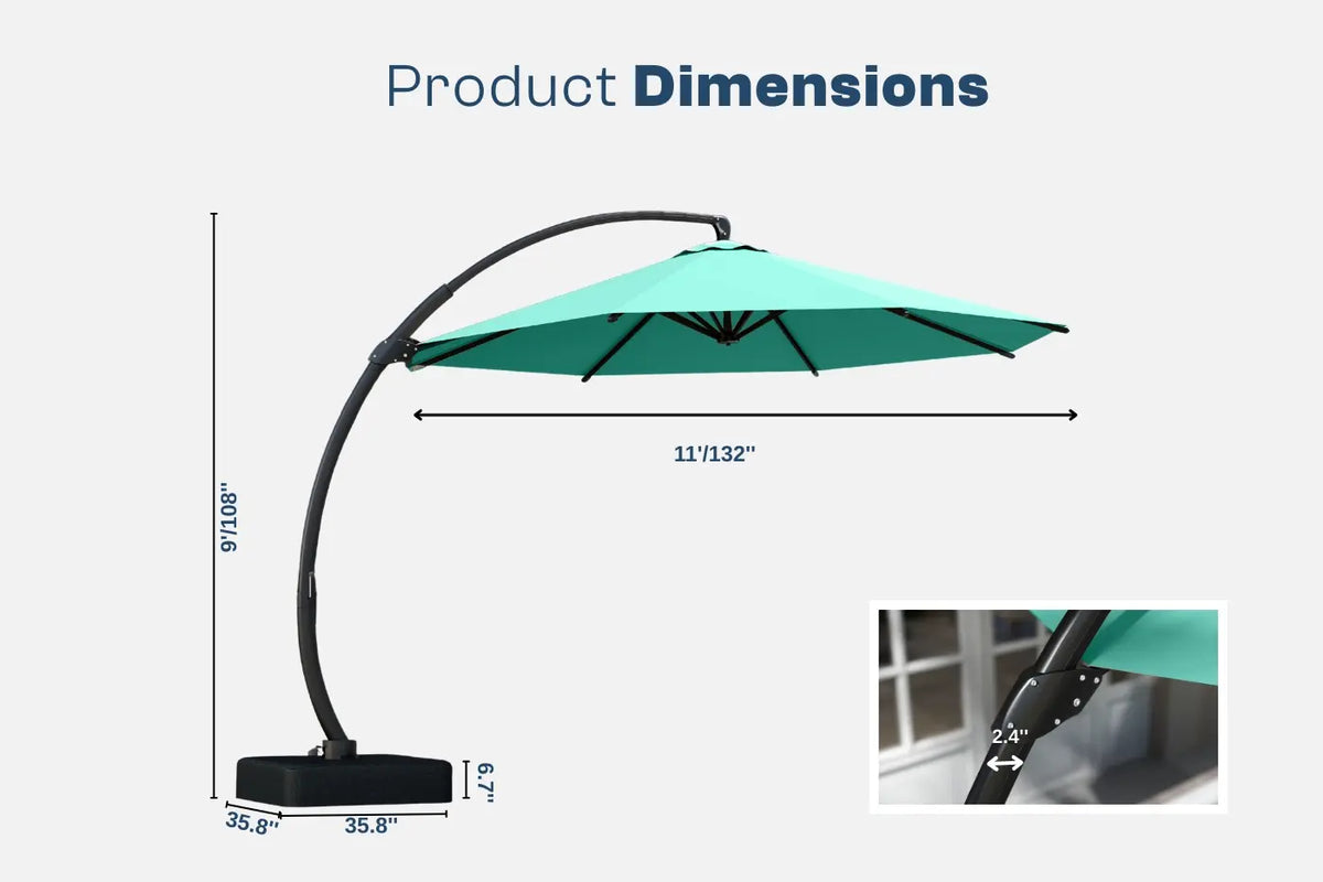 Green patio umbrella with dimensions displayed on a white background