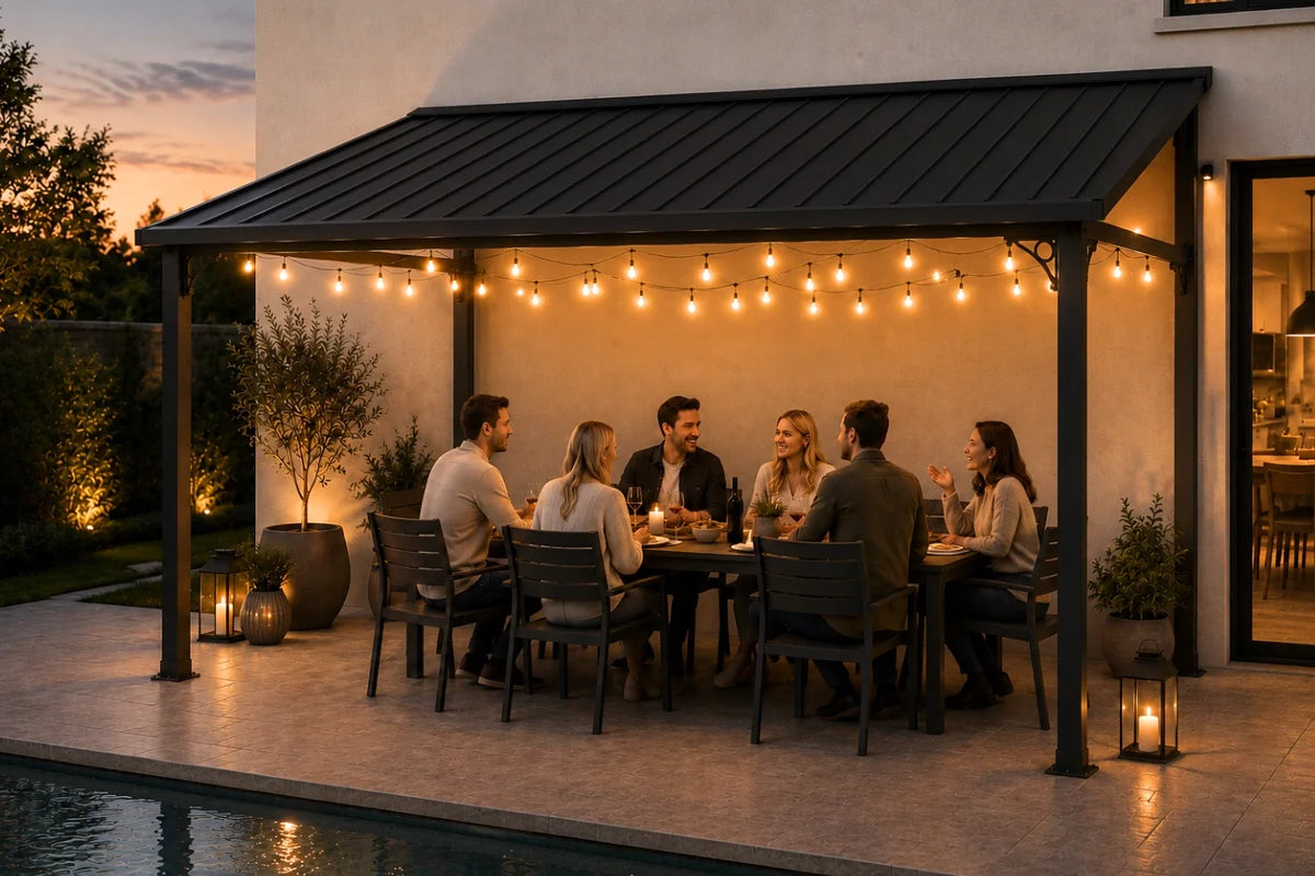 A wall-mounted hardtop gazebo with string lights, hosting a group of five people sitting at a dining table by a swimming pool at dusk.