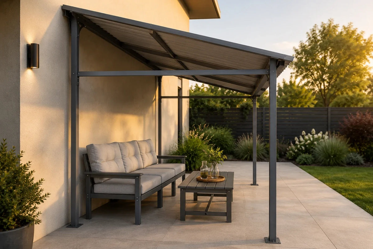 A wall-mounted hardtop gazebo with a gray metal frame and a dark gray roof, featuring a gray three-seater sofa and a matching coffee table on a light stone patio. The background shows a landscaped garden with trees and shrubs at sunset.