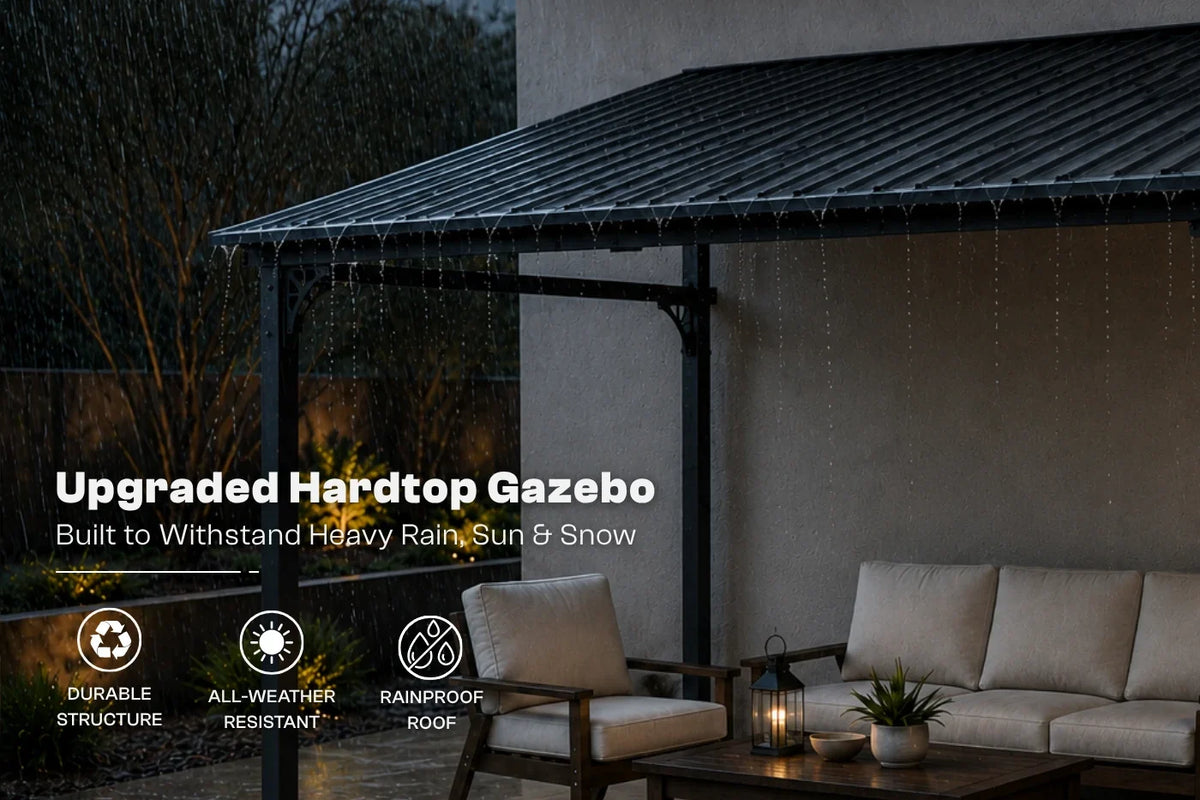 An outdoor patio gazebo with a dark hardtop roof and black support posts, shown at dusk with a beige patio sofa and chair underneath. Text on the left reads 'Upgraded Hardtop Gazebo' with feature icons for durable structure, all-weather resistance, and rainproof roof.