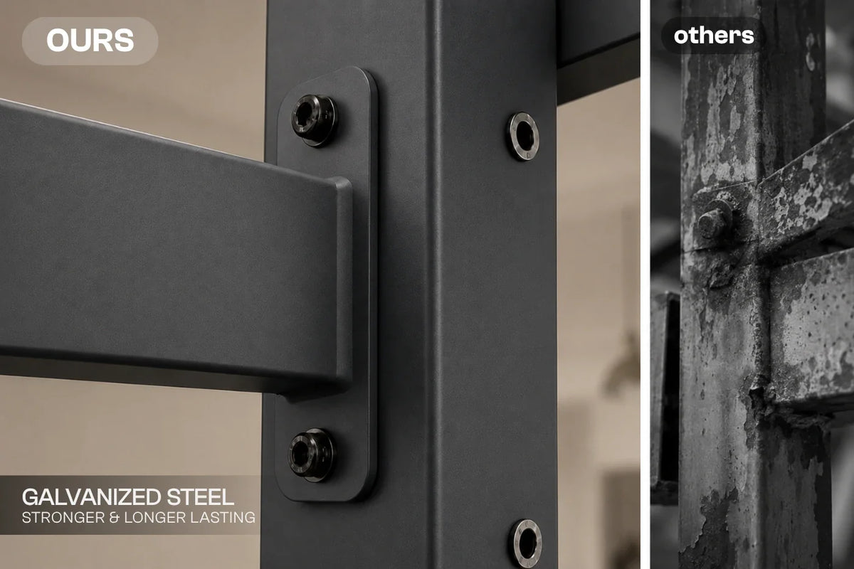 Close-up of a dark gray galvanized steel mounting bracket with two black screws, labeled 'OURS' with text 'GALVANIZED STEEL STRONGER & LONGER LASTING'. A vertical split screen shows a textured, rusted metal close-up on the right under the label 'others'.