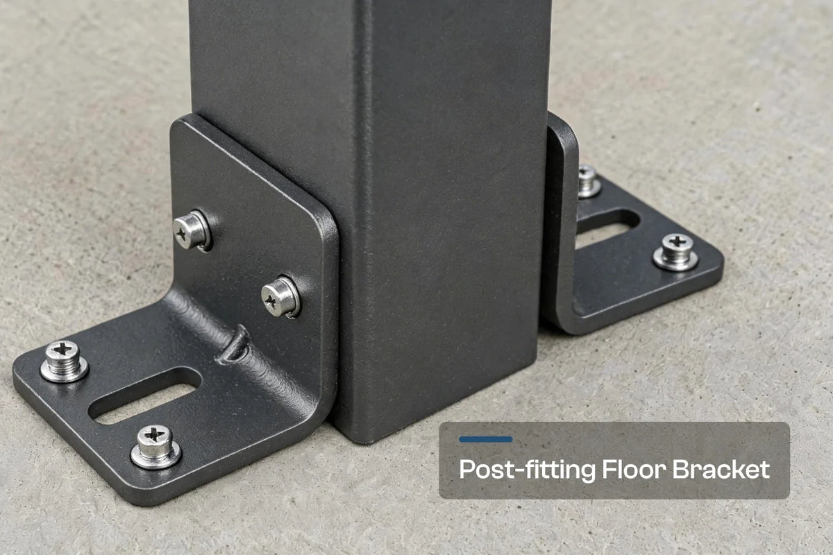 Close-up of a dark gray post-fitting floor bracket attached to a metal column, with a text label reading 'Post-fitting Floor Bracket' on a concrete floor.