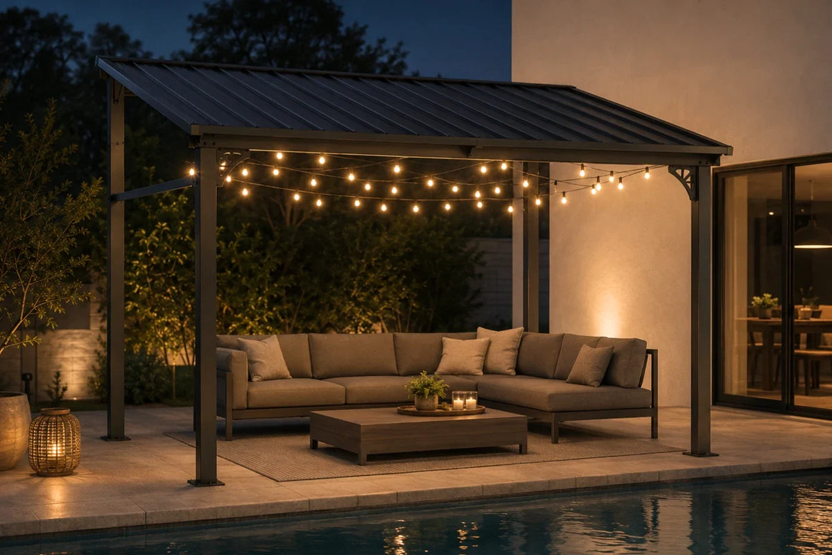 Outdoor patio seating area at dusk under a wall-mounted hardtop gazebo with warm string lights, featuring a sectional sofa, coffee table, and poolside setting.