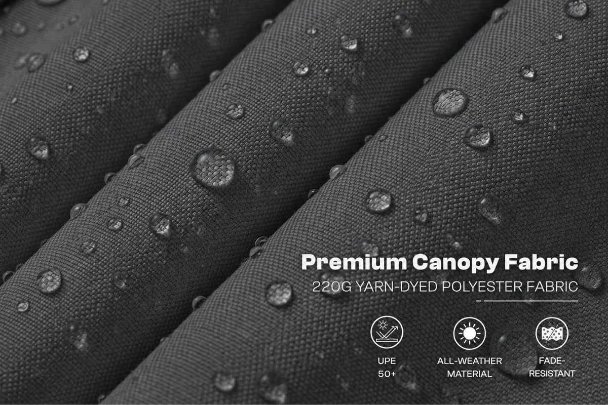 Close-up of dark gray water-dyed polyester fabric with visible water droplets and overlaid text reading 'Premium Canopy Fabric' plus small feature icons.