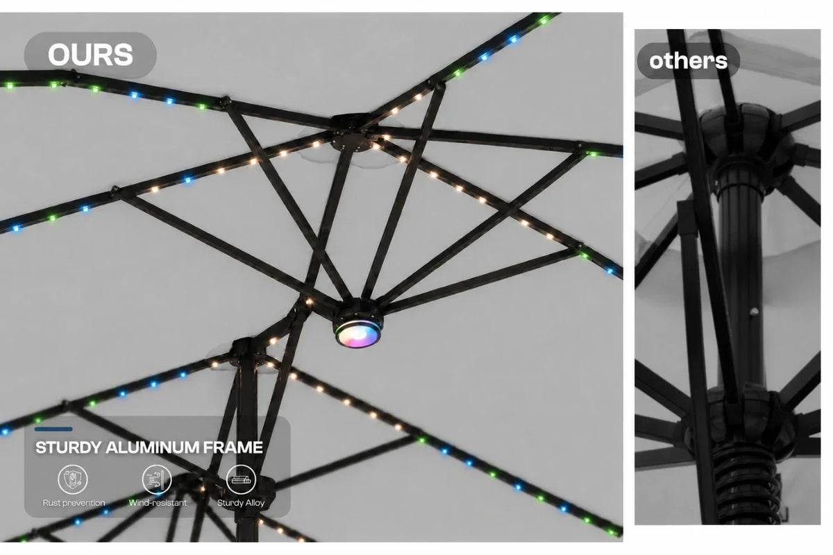 A split comparison graphic showing an outdoor patio umbrella frame. The left panel, labeled 'OURS', shows a black aluminum umbrella frame with multicolored RGB LED string lights and a central light fixture.