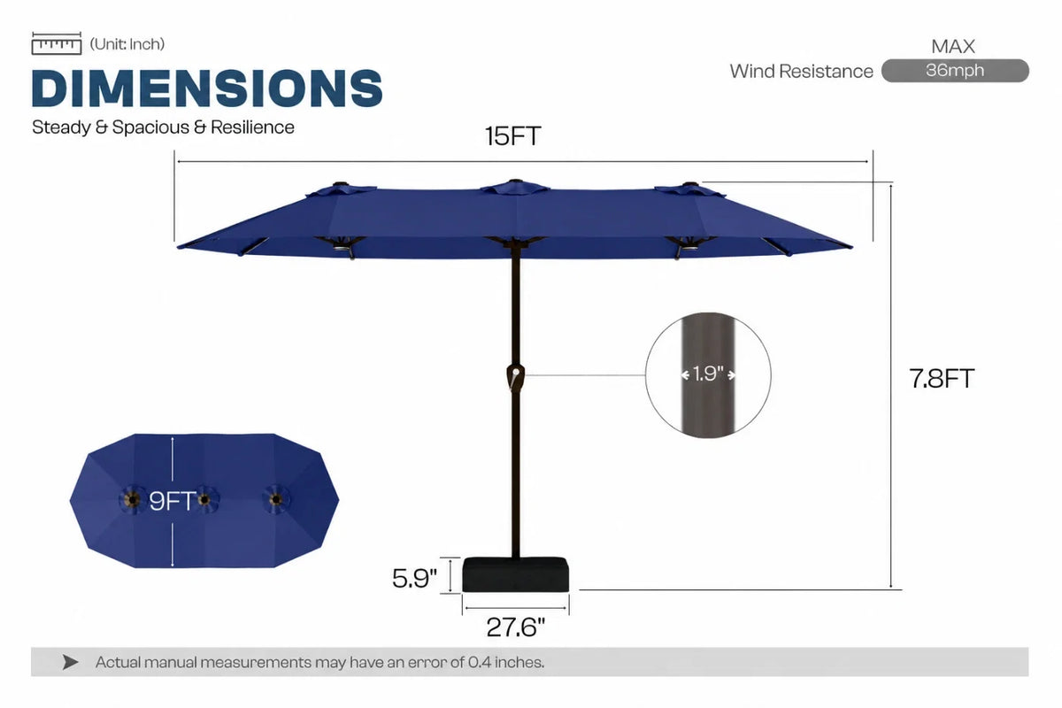 A dimension diagram of a navy blue patio umbrella showing its full height, width, and base measurements, with a closed umbrella view and a fabric cover inset on a white background.