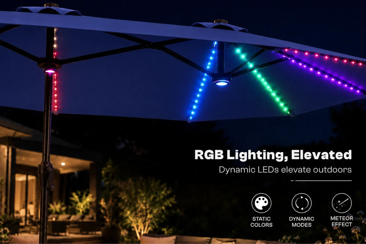 Navy blue outdoor patio umbrella with illuminated RGB LED light strips in blue, green, red, and purple, shown at night with text overlay reading 'RGB Lighting, Elevated' and feature icons.