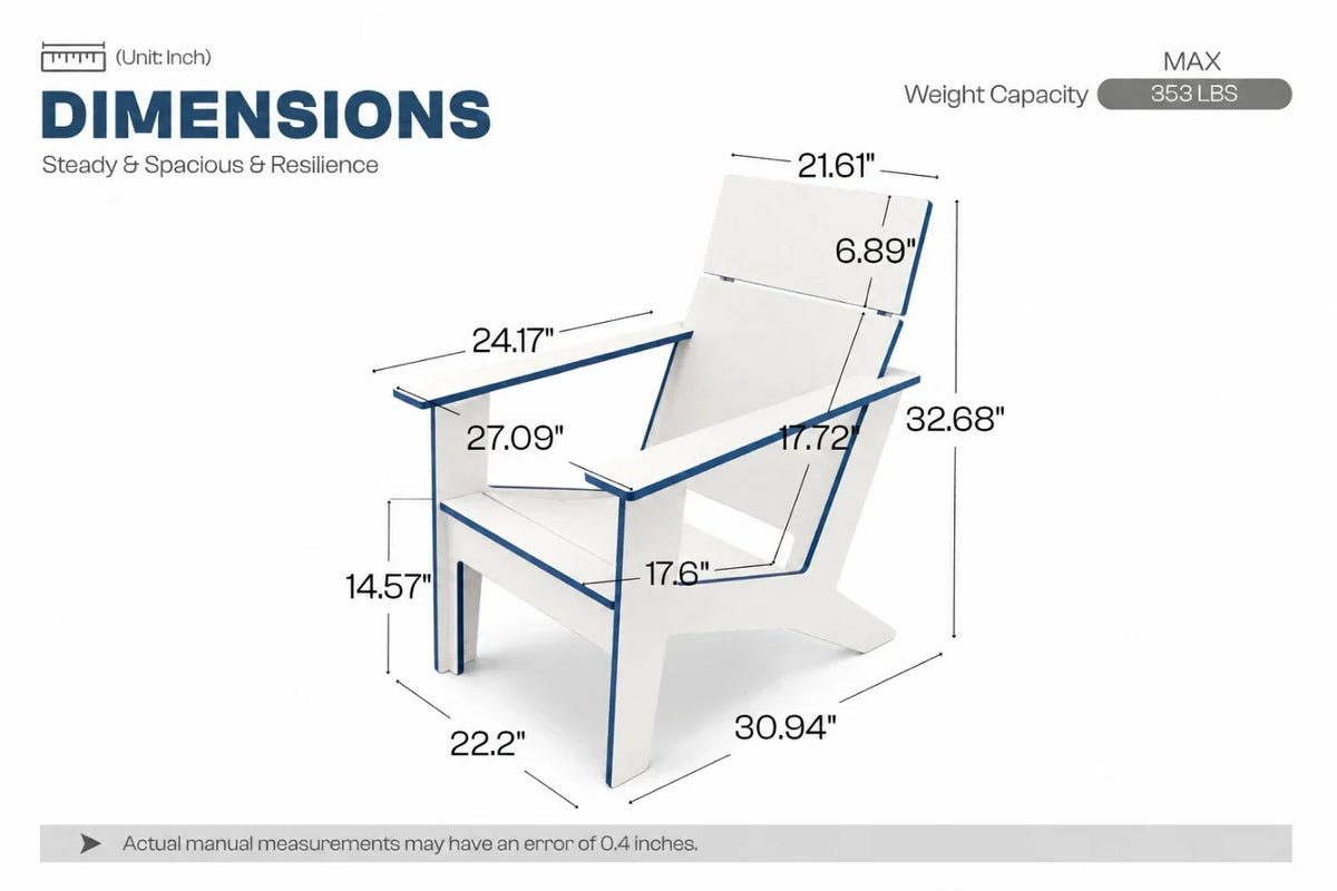 A dimension diagram of a white modern poly Adirondack chair with blue outline accents, showing multiple measurements such as height, width, and depth, plus text reading DIMENSIONS, Weight Capacity MAX 351 LBS.