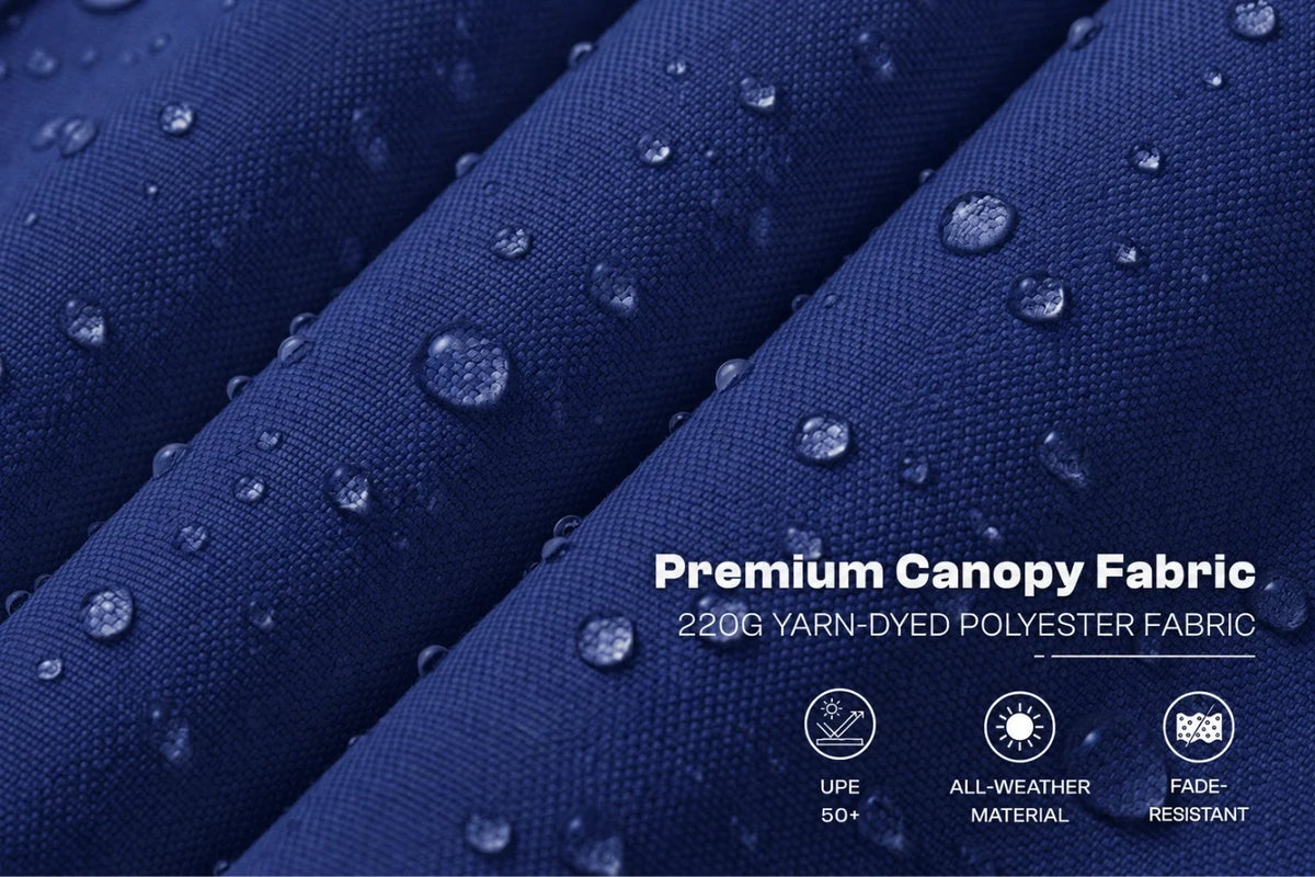 Close-up of navy blue fabric with water droplets on the surface, showing rolled folds and printed text that reads 'Premium Canopy Fabric' and '220G YARN-DYED POLYESTER FABRIC,' plus small icons for UPE 50+, all-weather material, and fade resistance.