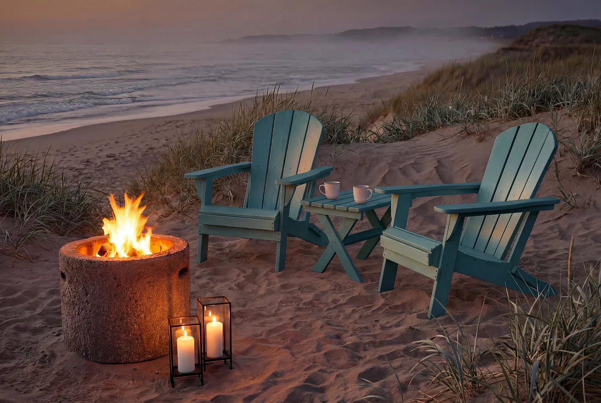 Two Adirondack chairs by a fire pit on a sandy beach at dusk.
