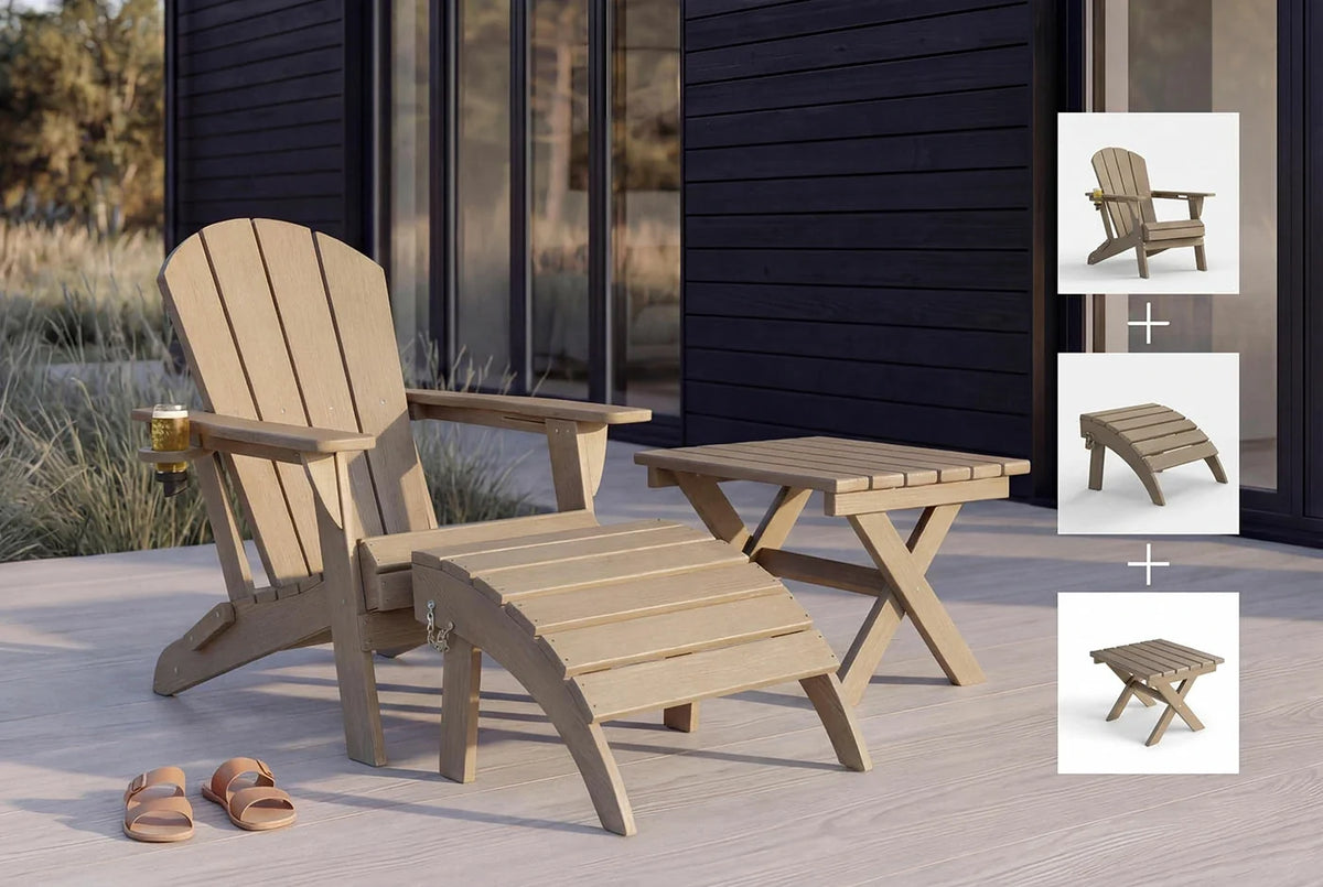 HDPE Adirondack chair and ottoman with a small table on a patio.