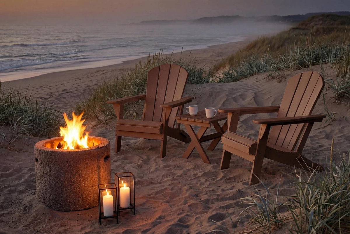 Two HDPE Adirondack chairs and a fire pit on a sandy beach at dusk.
