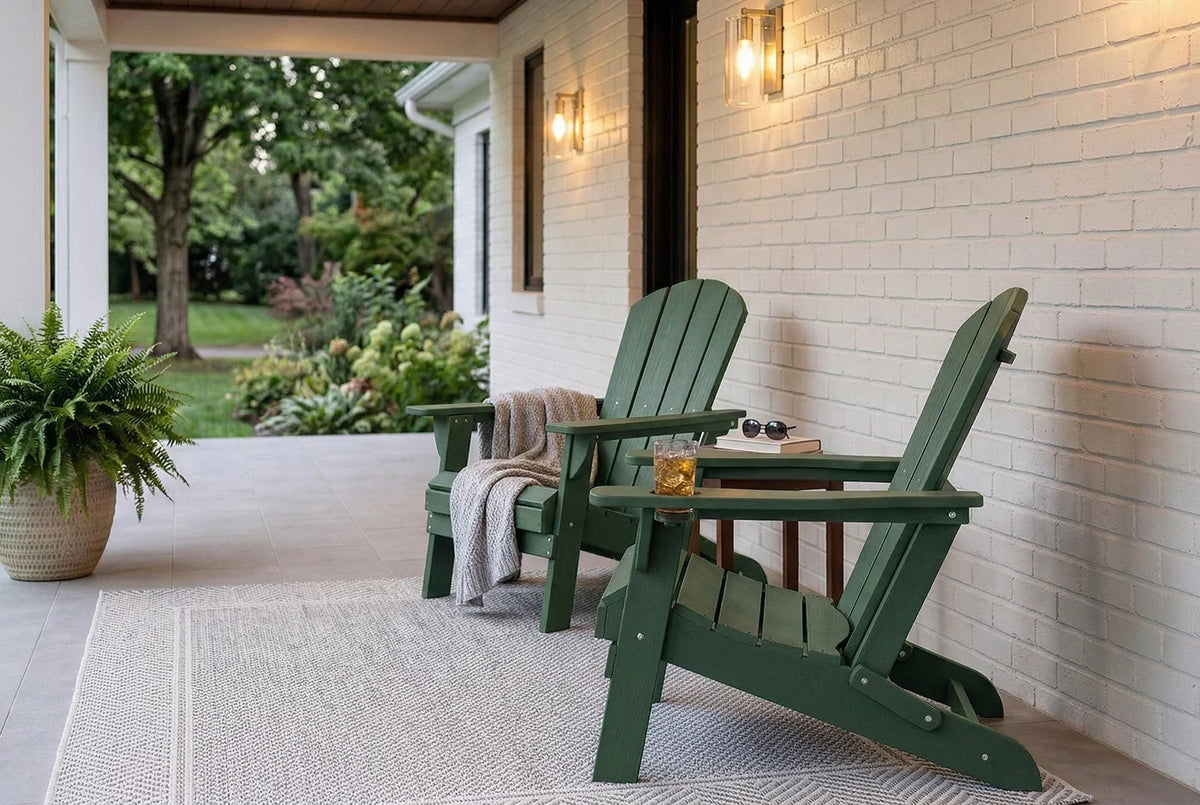 Two green Adirondack chairs on a porch with a white brick wall and outdoor view.