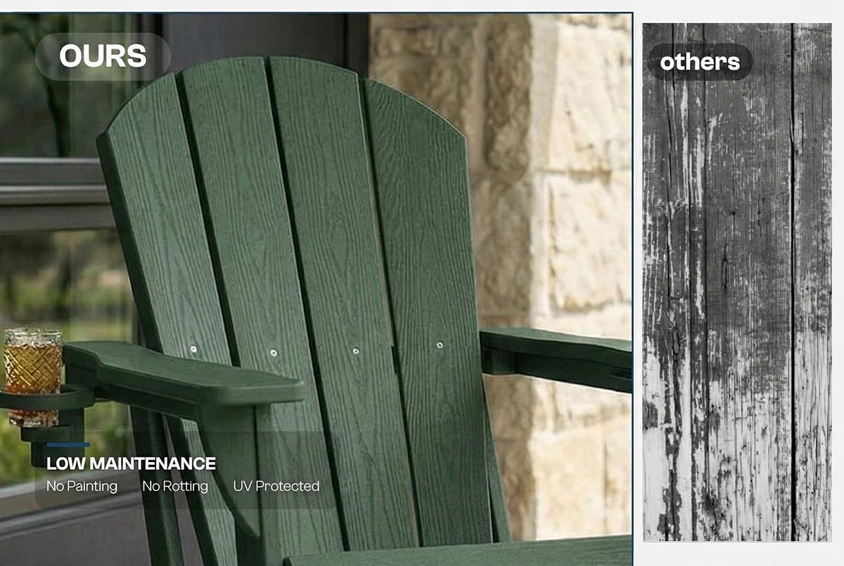 Green Adirondack chair with outdoor setting and comparison to 'others' on right.