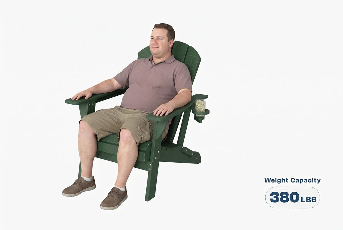 Man sitting on a green Adirondack chair with a weight capacity label on a white background