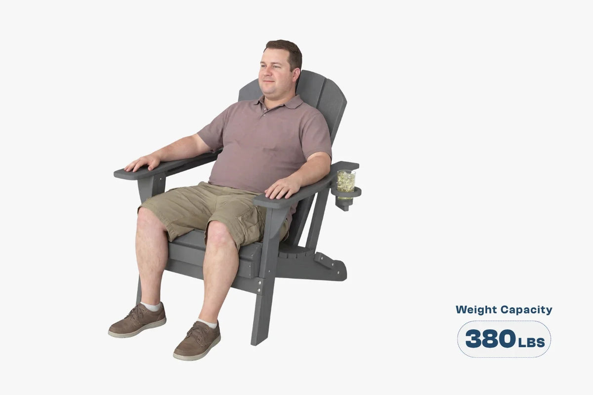 Man sitting in a gray recliner chair with a weight capacity label on a white background