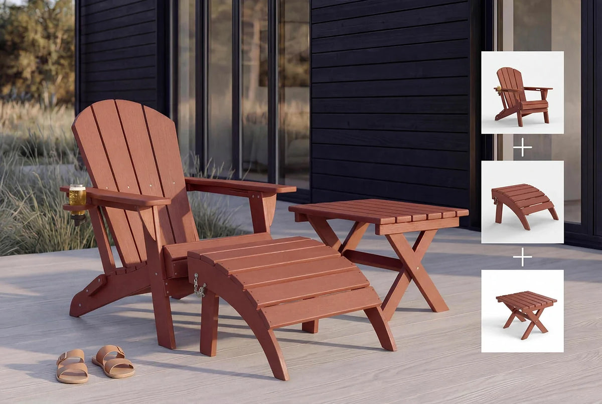 HDPE Adirondack chair with ottoman and small table on a patio