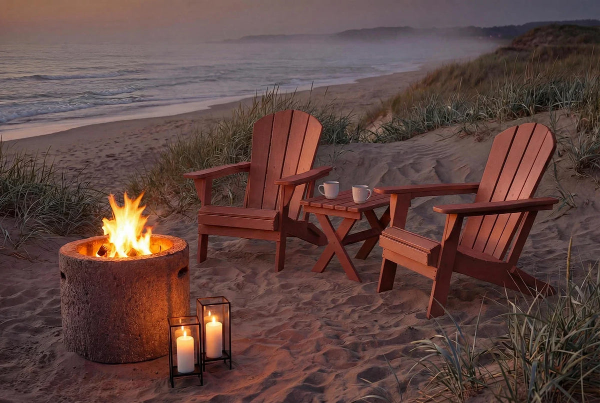 Two HDPE Adirondack chairs and a fire pit on a sandy beach at dusk.