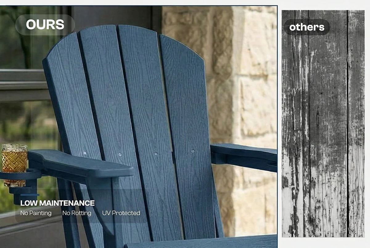 Blue Adirondack chair with text highlighting low maintenance features, next to a comparison of 'ours' vs 'others'.