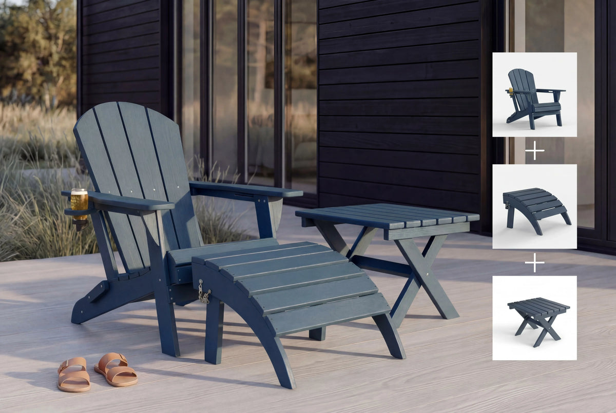 Blue Adirondack chair and table set on a wooden deck with a house in the background.