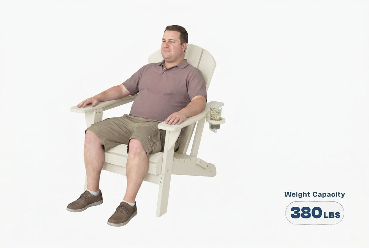 Man sitting on a white chair with a weight capacity label on a white background