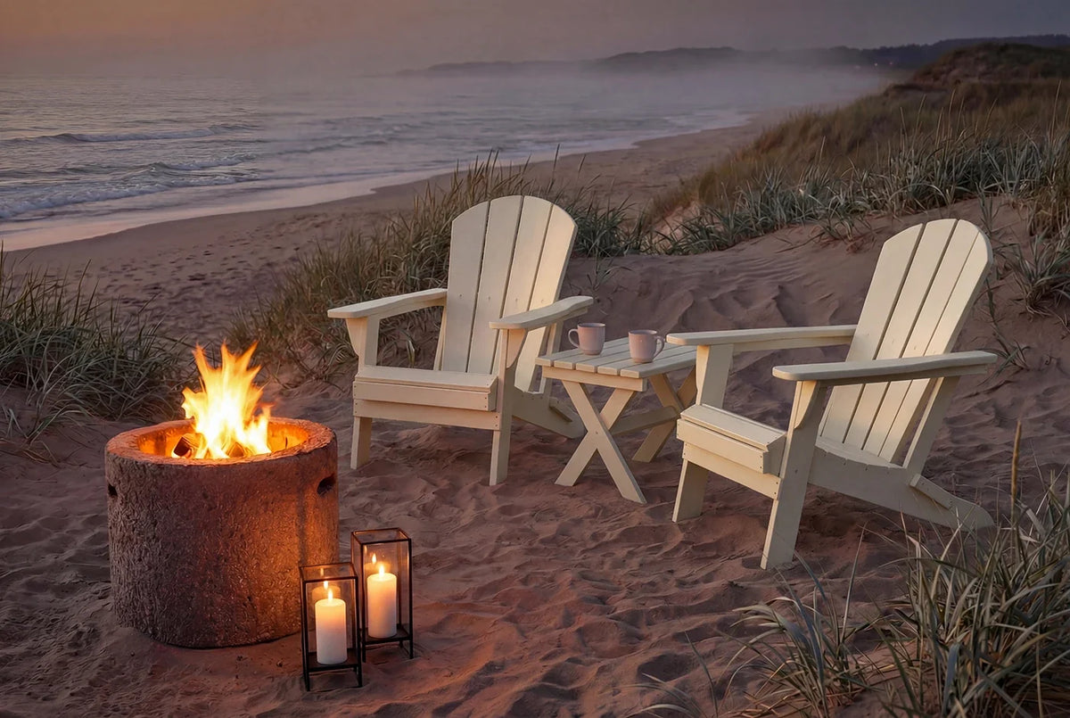 Two Adirondack chairs by a fire pit on a sandy beach with ocean view.