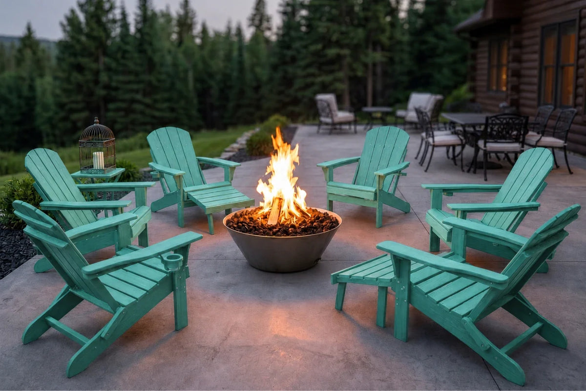 Six aruba blue Adirondack chairs arranged around a fire pit on a stone patio, with a fire burning in the center and a cabin and trees in the background.