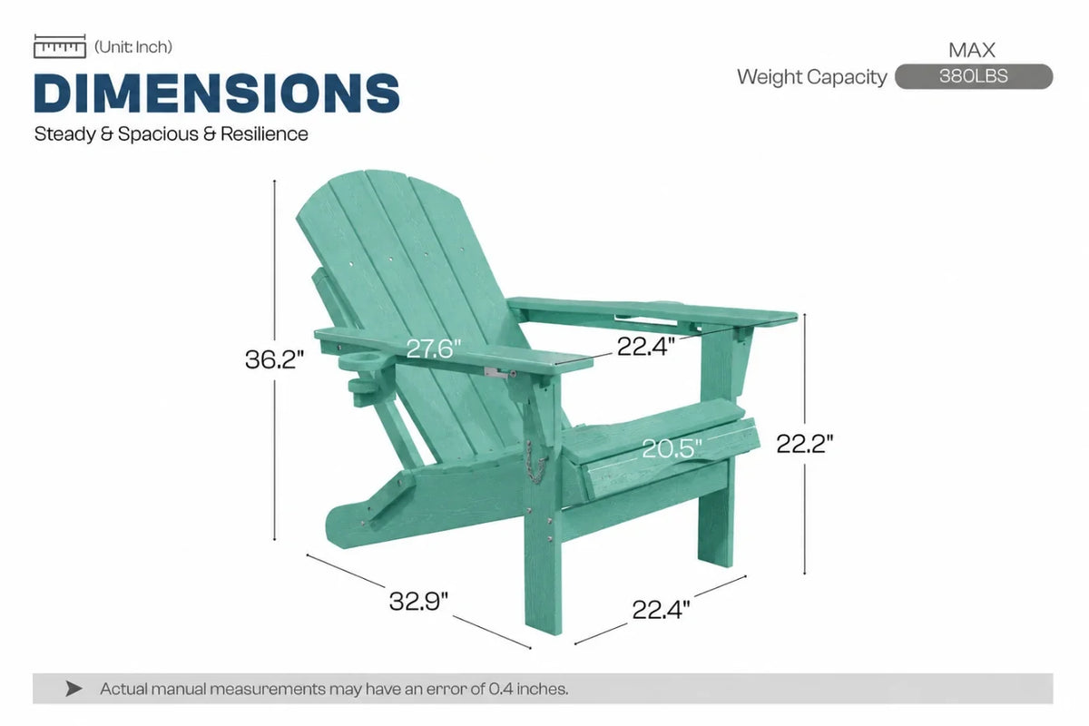 An aruba blue outdoor Adirondack chair shown on a white background with dimension lines and text indicating height, width, and depth measurements, plus weight capacity information.