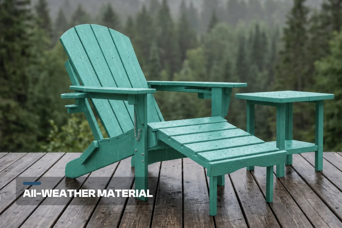 An aruba blue outdoor Adirondack chair with an attached footrest and matching side table on a wooden deck, with a blurred forest background and the text 'ALL-WEATHER MATERIAL' in the lower left corner.