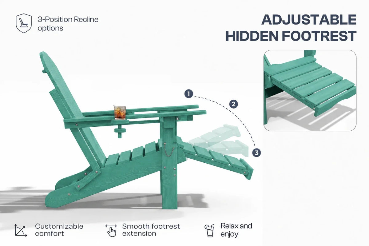 An aruba blue outdoor chair shown on a white background with callout text and icons explaining adjustable recline options and a hidden footrest. The footrest is folded out beneath the chair, and a small inset shows a close-up of the slatted footrest surface.