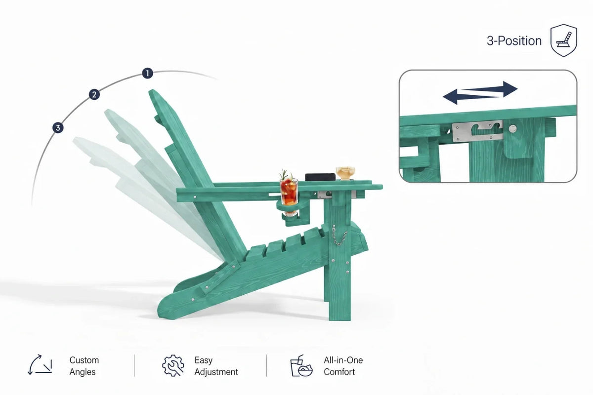 An aruba blue adjustable outdoor chair shown on a white background with feature callouts, including a 3-position angle diagram, a close-up of the adjustment mechanism, and icons for custom angles, easy adjustment, and all-in-one comfort.
