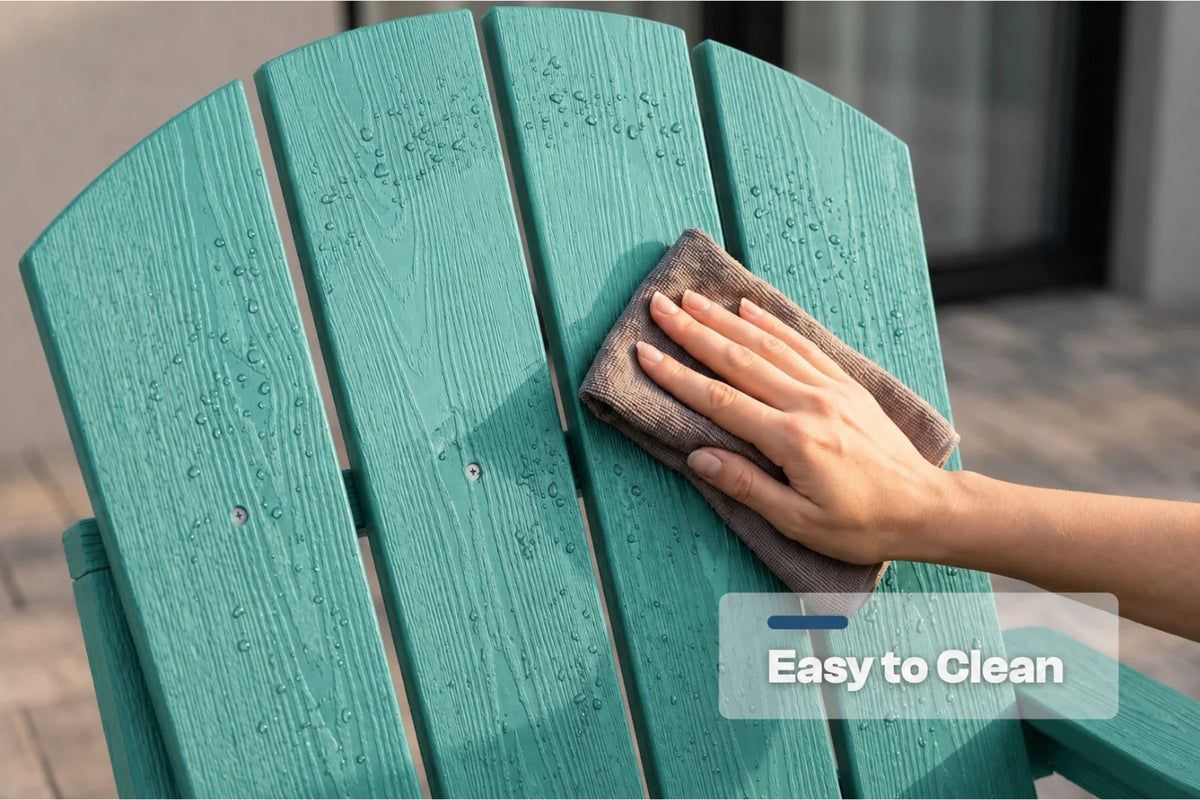 An aruba blue Adirondack-style chair outdoors with a hand wiping it with a cloth, showing a water-droplet coated surface. A translucent label in the lower right reads 'Easy to Clean'.