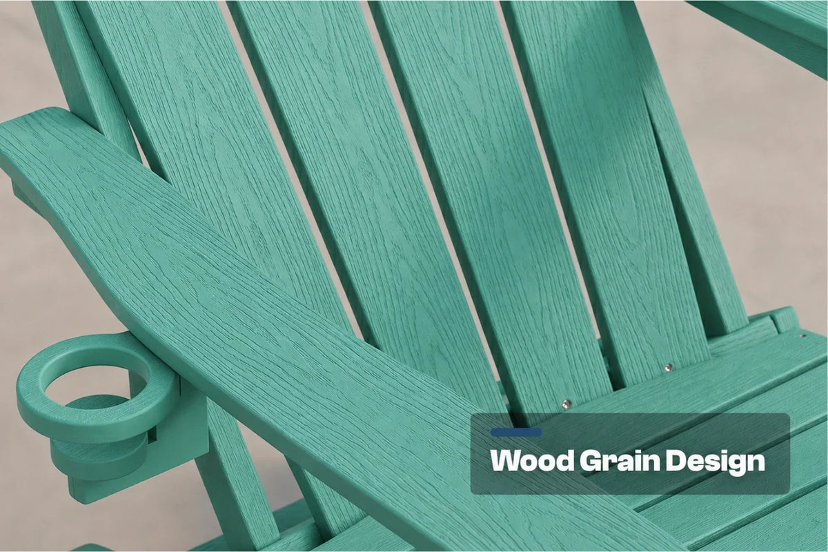Close-up of an aruba blue outdoor Adirondack chair, showing a cup holder on the arm and a text overlay that reads 'Wood Grain Design'.